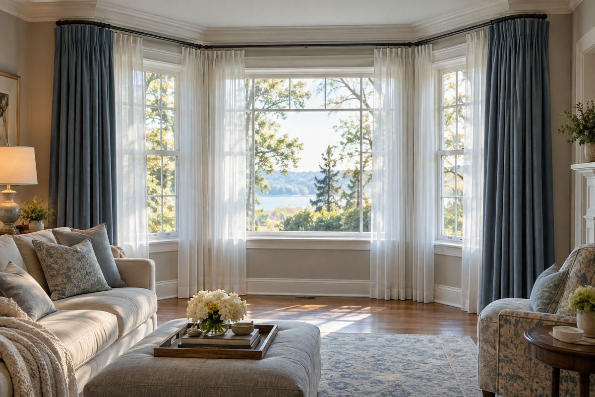 Sheer and slate blue curtain layers in an angled bay