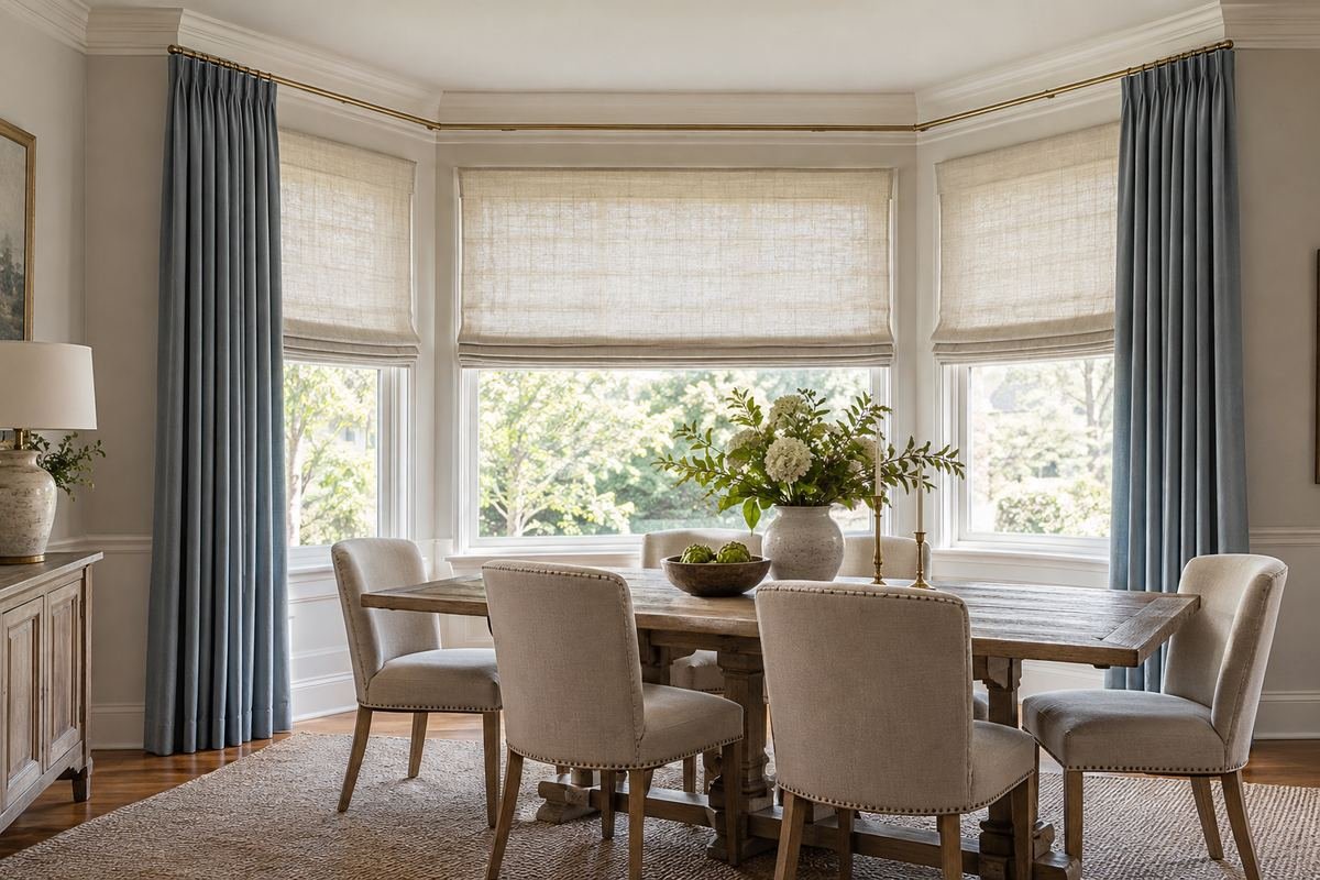 Roman shades within a bay framed by blue curtains