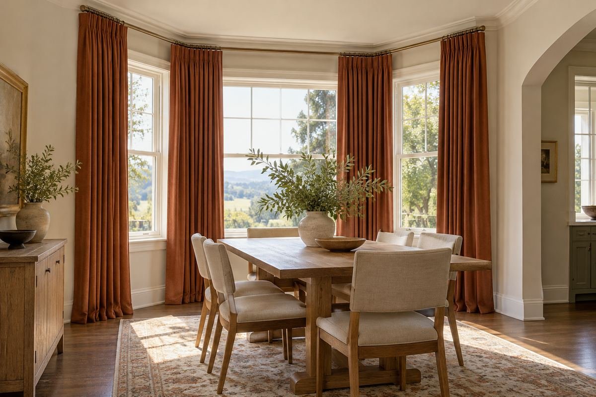 Rust curtain panels warming a pale dining bay