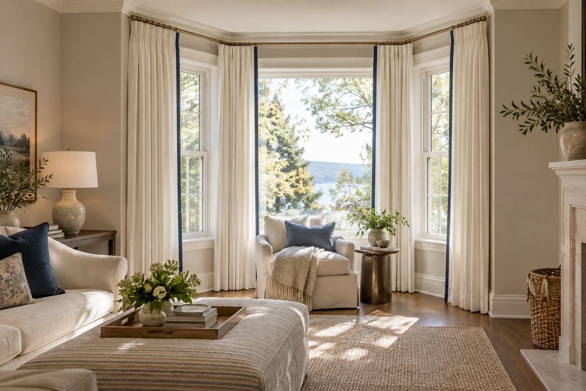 Navy leading-edge borders on plain ivory bay curtains