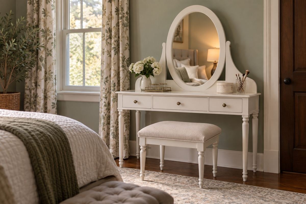 Painted dressing table with an integrated oval mirror