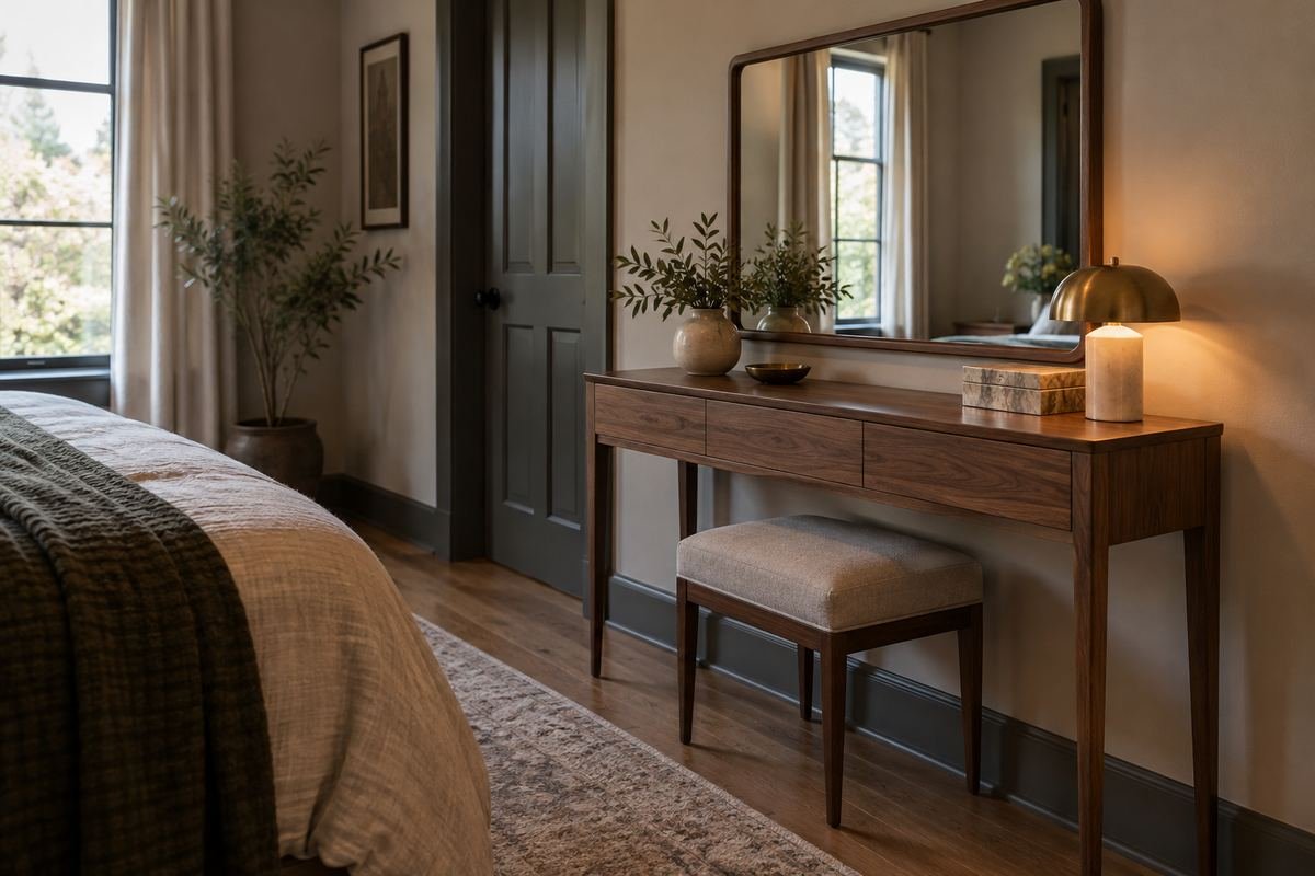 Shallow walnut dressing table on a narrow bedroom wall