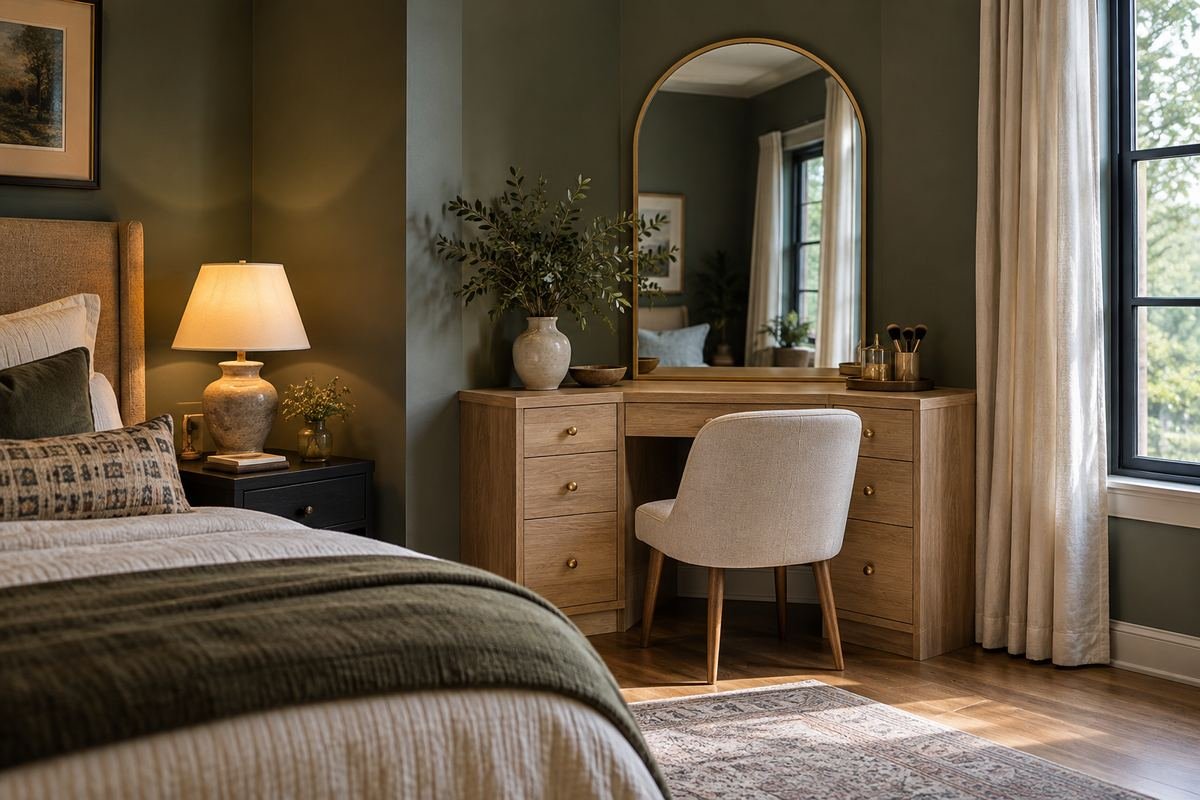 Corner vanity with a clear place for the chair