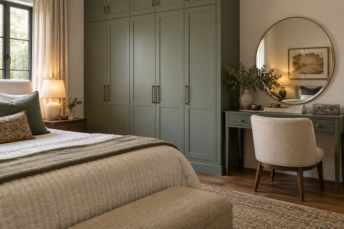 Bedroom vanity beside a wardrobe without blocking its doors