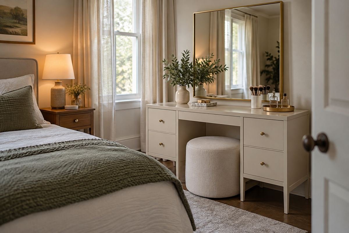 Round stool tucked beneath a small bedroom vanity