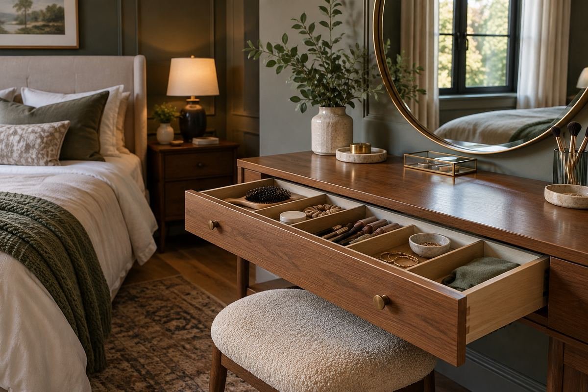 Divided shallow drawer in a bedroom dressing table