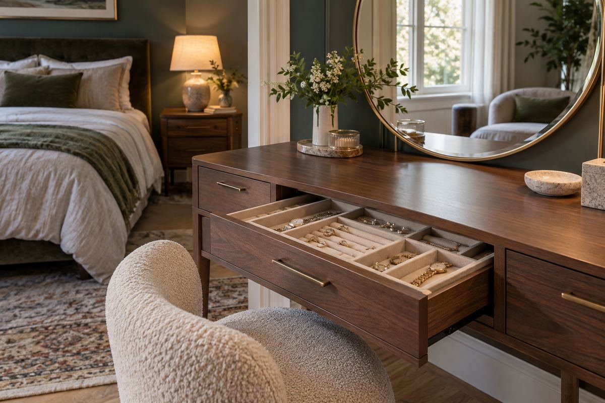 Lined jewelry compartment in a bedroom vanity drawer