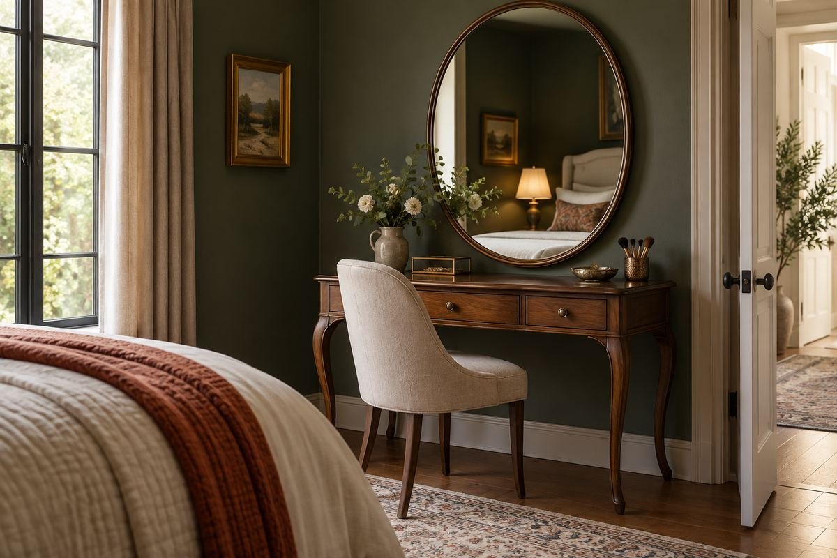 Vintage-style walnut vanity with quiet surrounding details