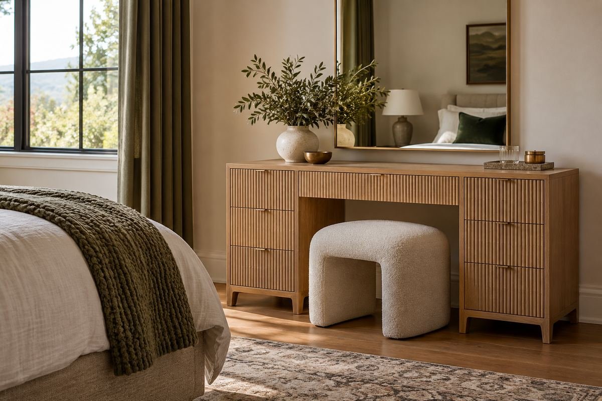 Reeded drawer fronts adding texture to a simple vanity