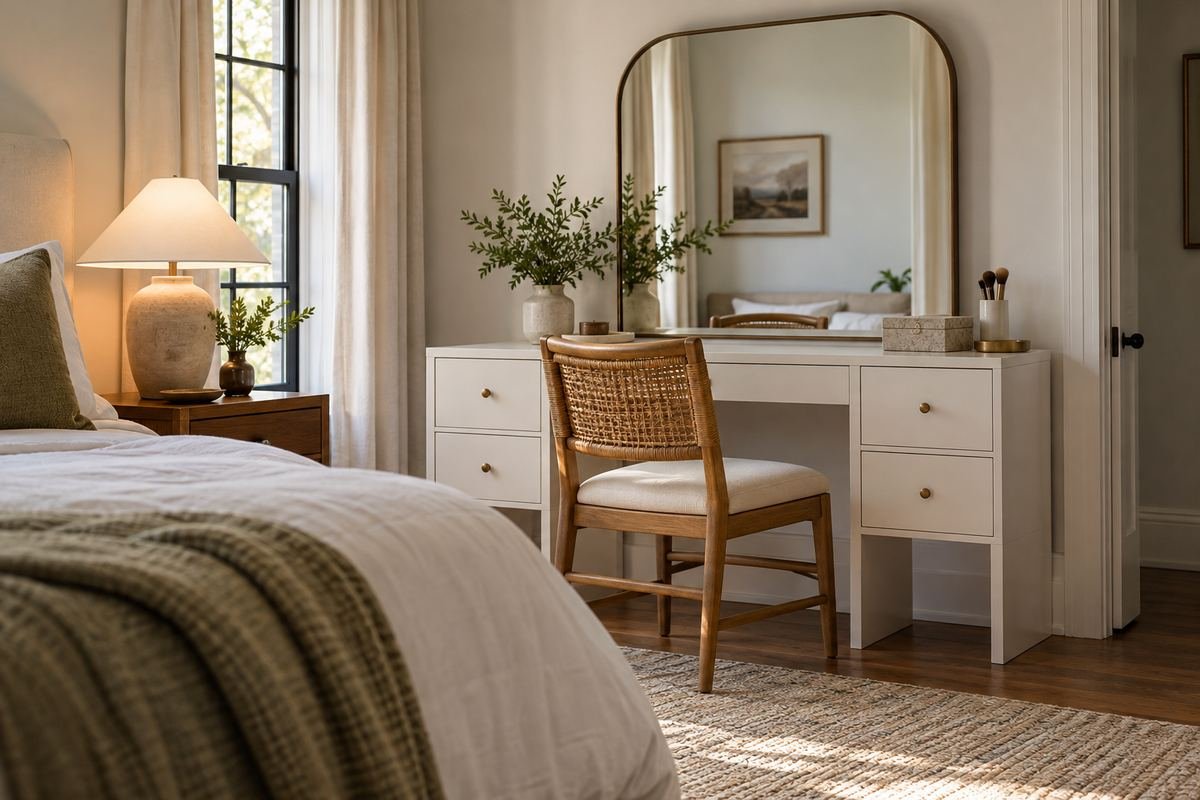 Woven chair detail beside a plain bedroom vanity