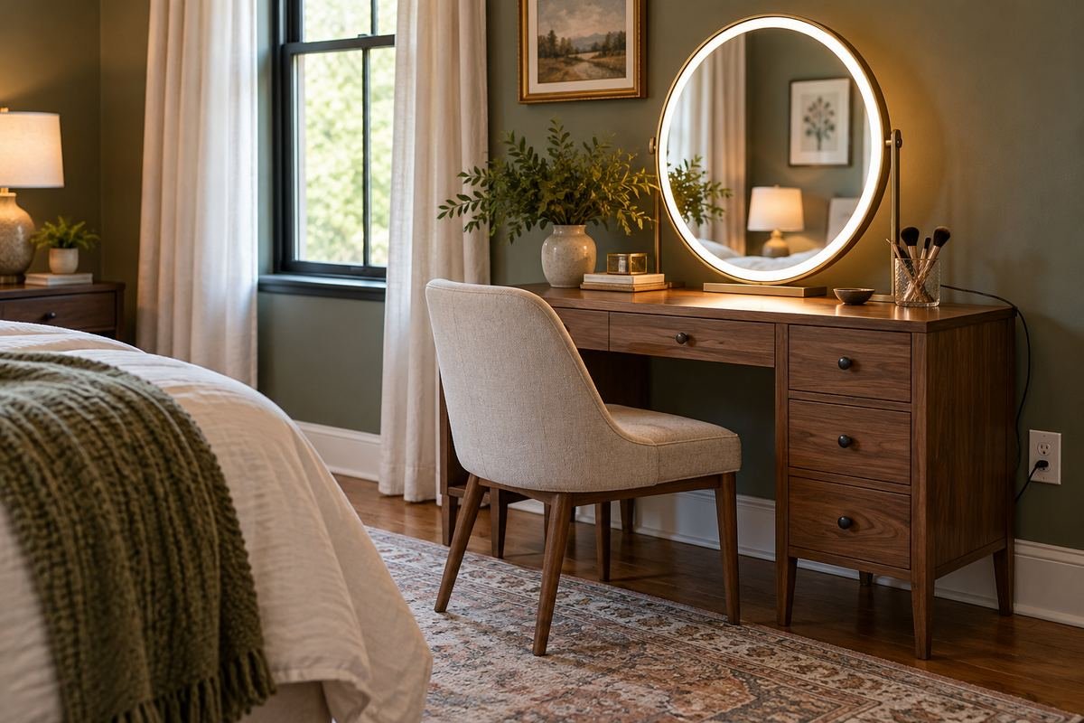 Planned mirror cord route clear of the vanity chair