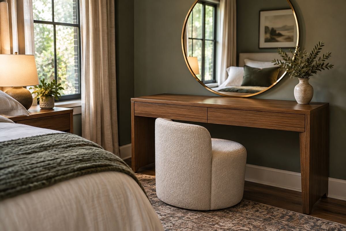 Clear vanity surface with one restrained personal detail