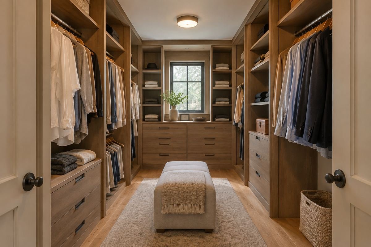 General ceiling lighting establishing a clear walk-in closet route