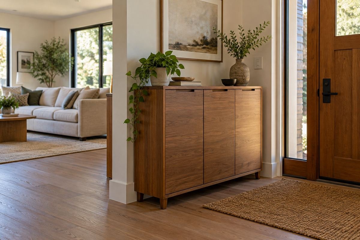 Shoe cabinet defining an entrance within an open-plan room