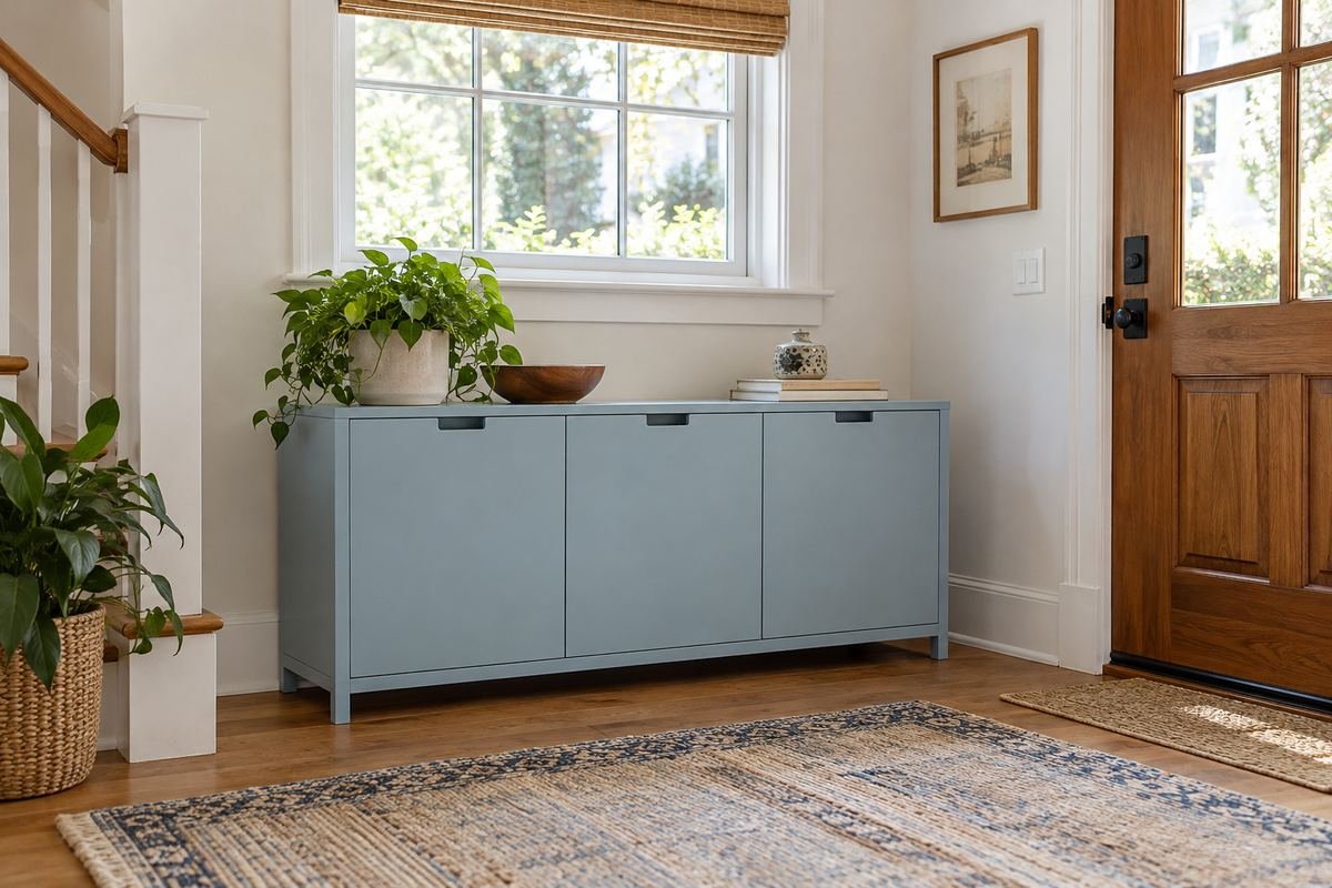 Lower shoe cabinet positioned beneath an entrance window