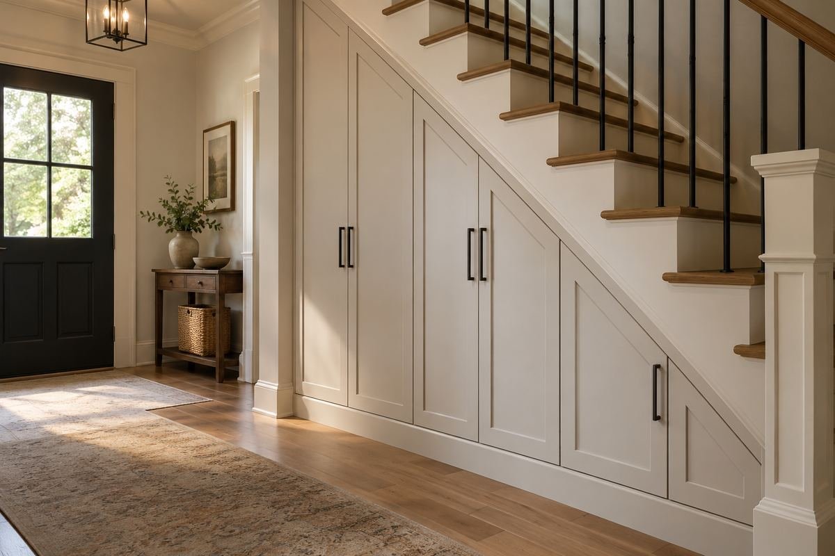 Purpose-designed shoe cabinet bay beneath an existing staircase