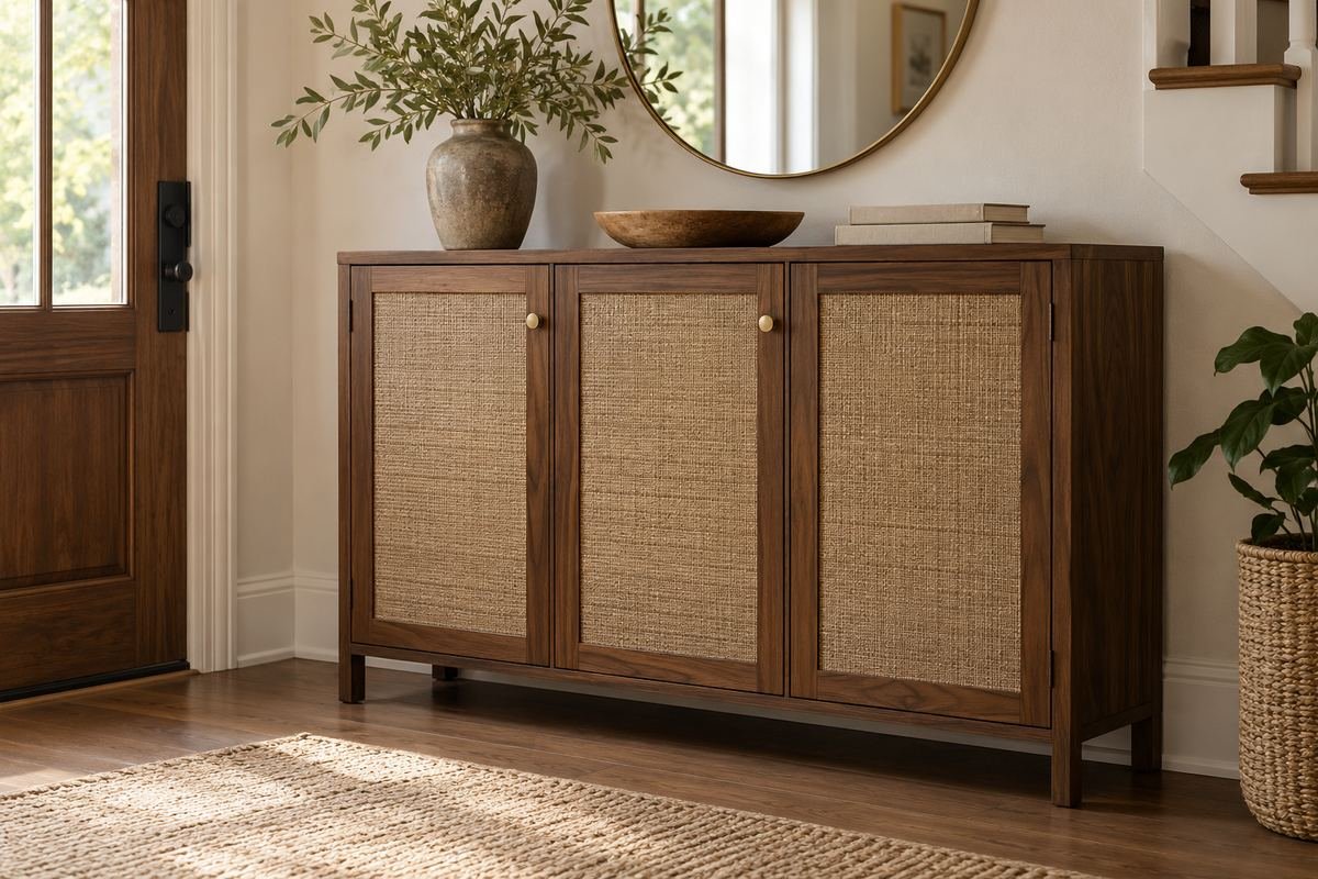 Woven door inserts softening an entryway shoe cabinet