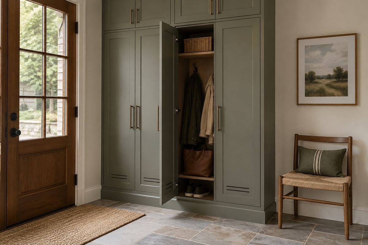 Standing lockers paired with a separate suitable mudroom seat