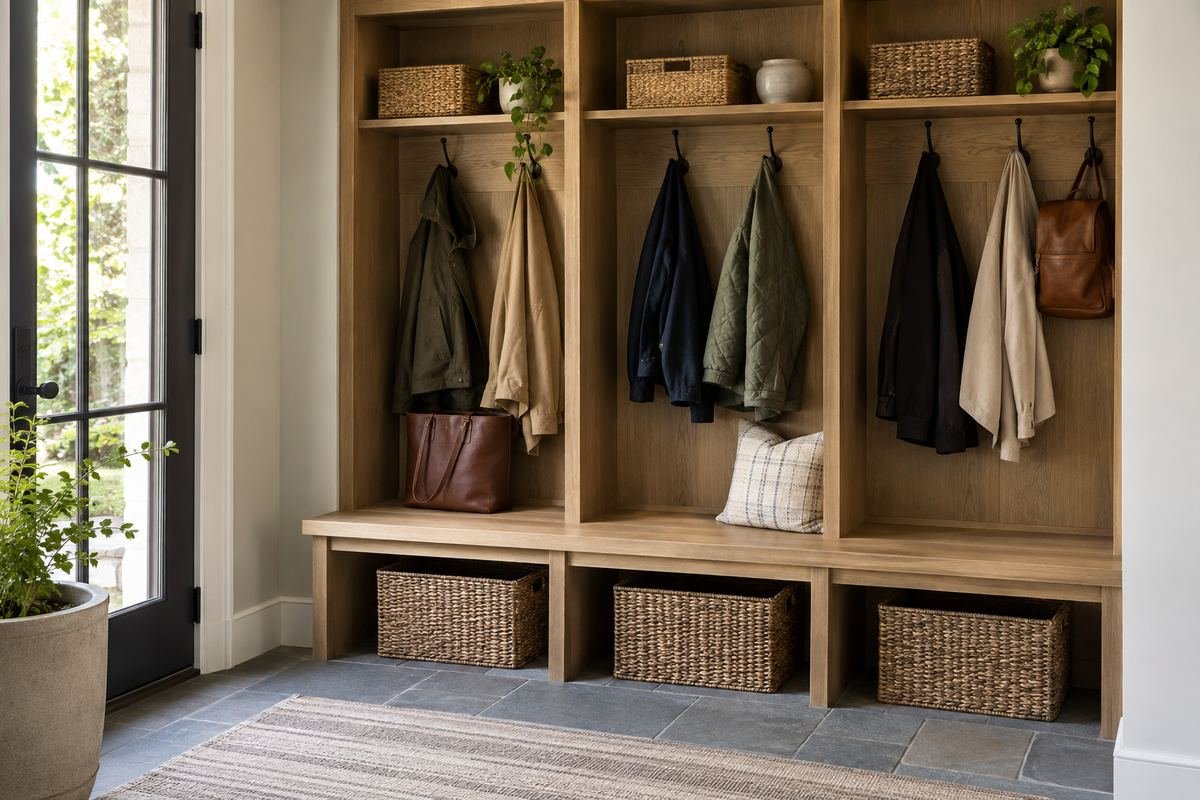 Continuous designed bench linking related mudroom locker bays