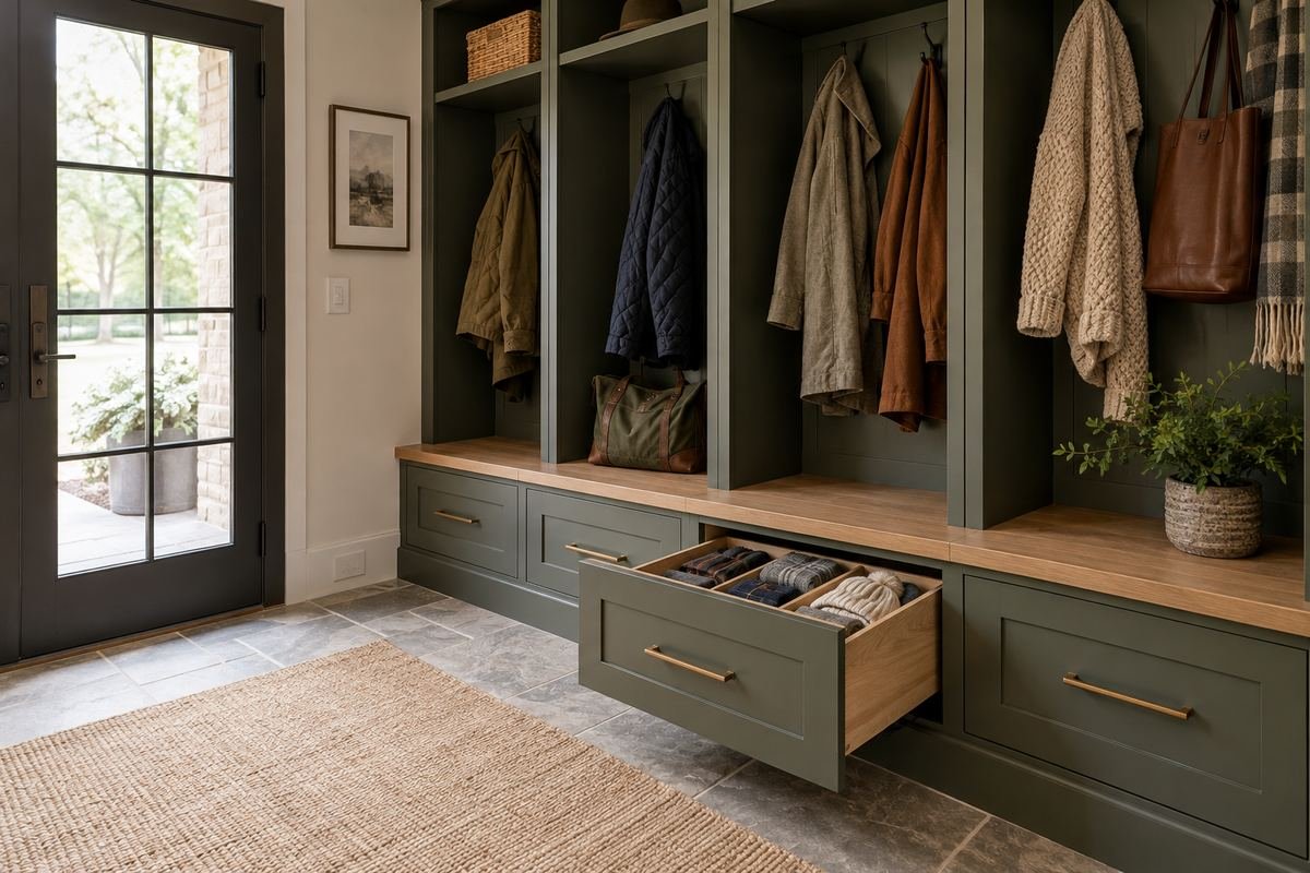 Lower drawer organizing small clean mudroom accessories