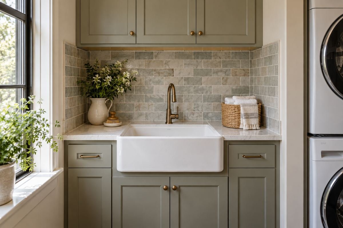 Complete backsplash composition within an existing laundry sink alcove