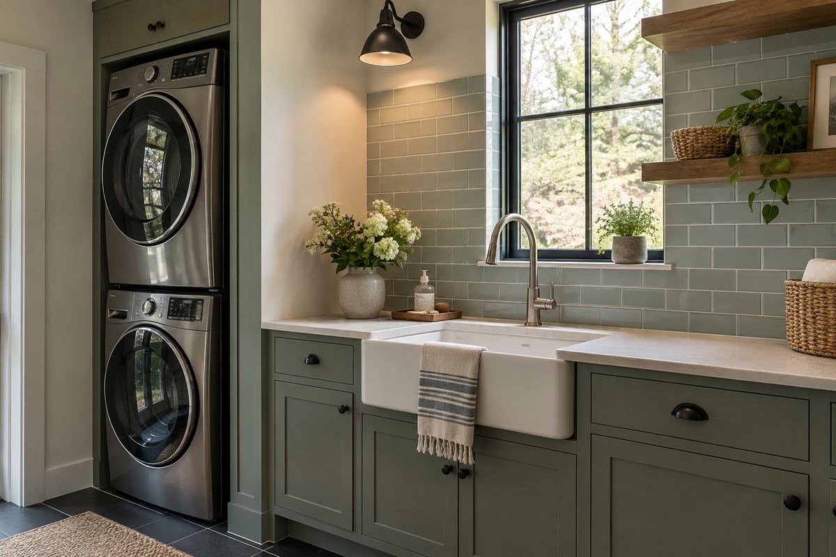 Laundry backsplash ending beside a separate stacked-appliance alcove