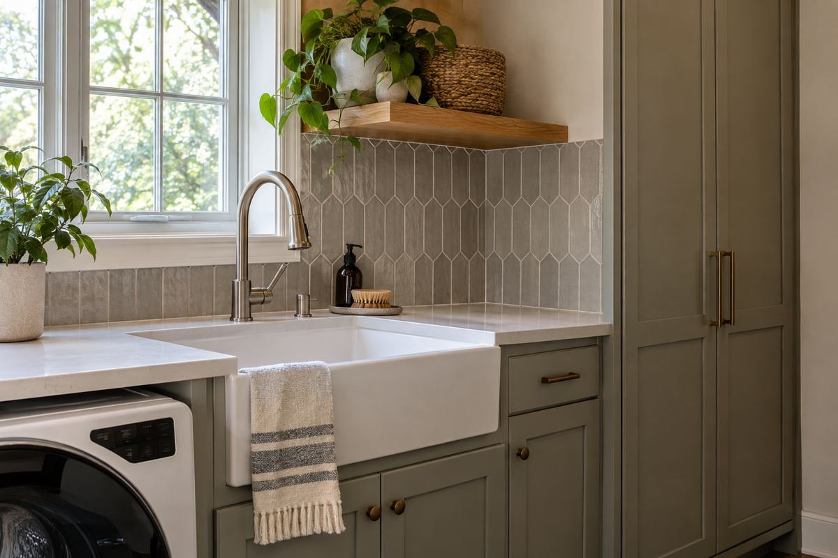 Laundry backsplash ending at a tall-cabinet boundary