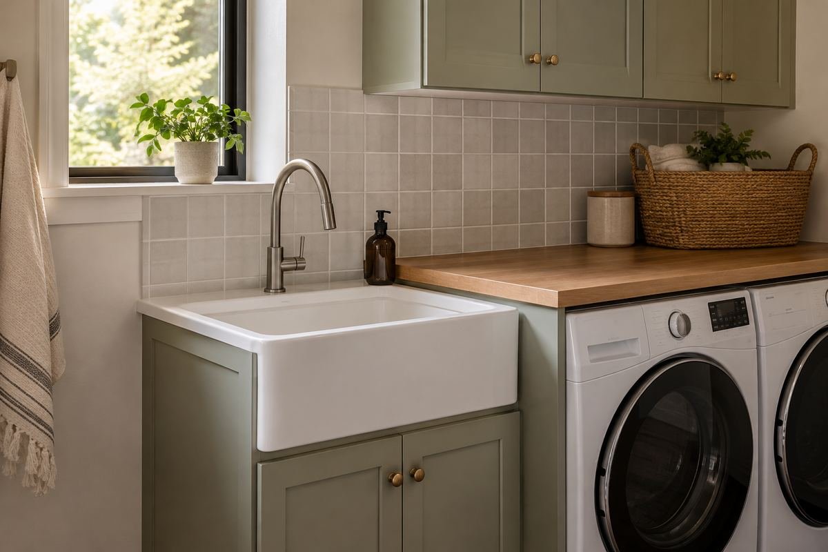 Simple square-grid backsplash behind a compact laundry sink