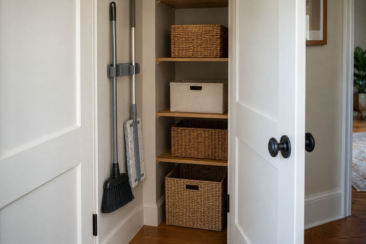 Side-wall storage for long tools in a shallow utility cupboard