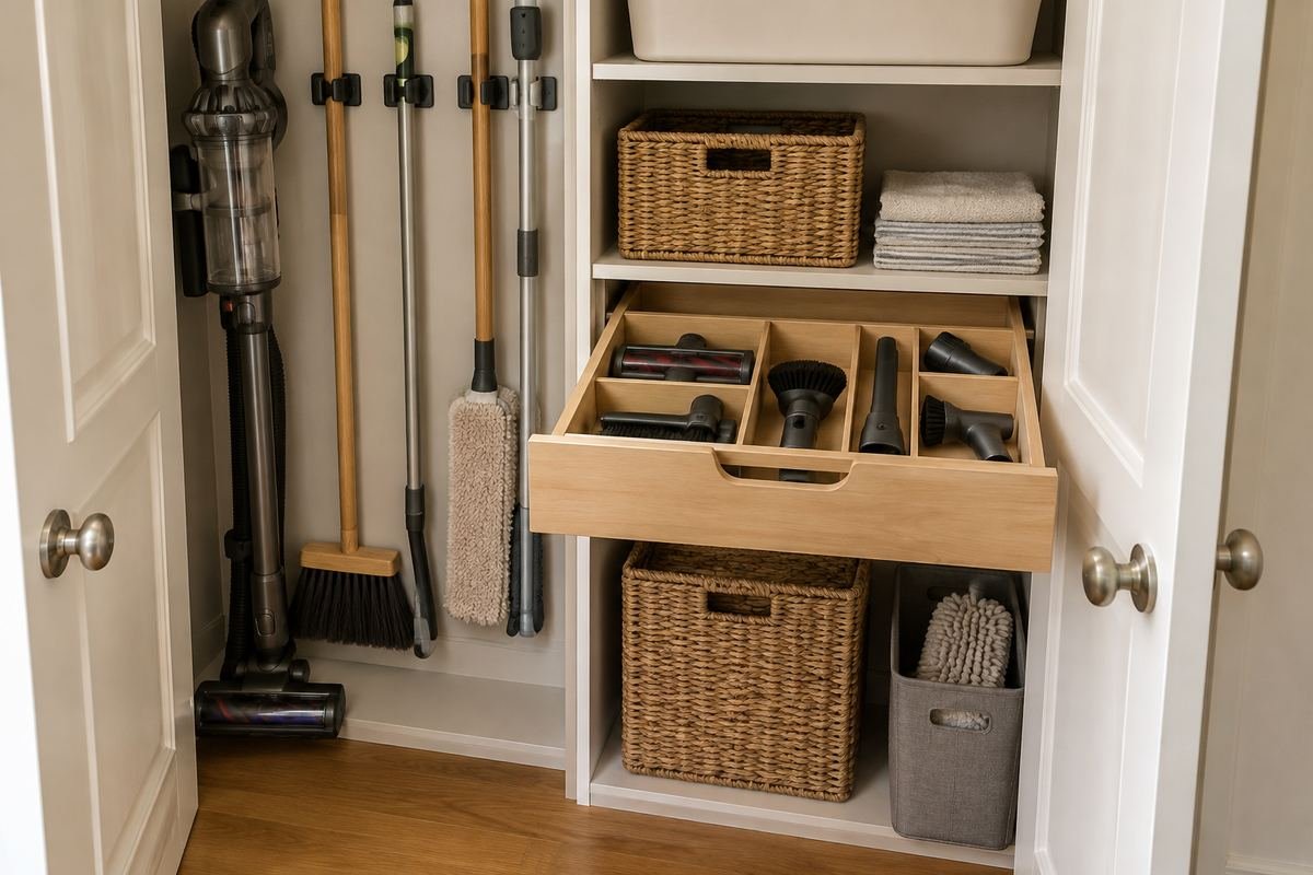 Divided utility-cupboard drawer for small vacuum attachments