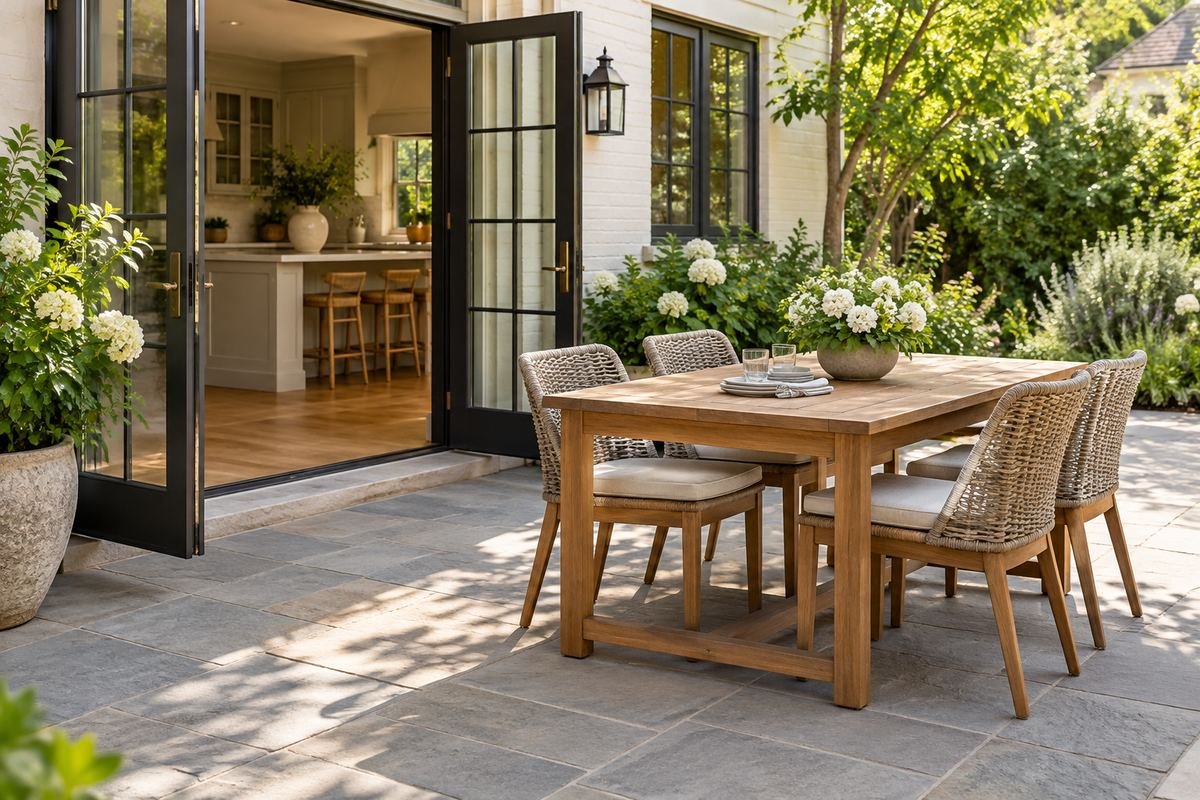 Outdoor table offset from a direct kitchen doorway route