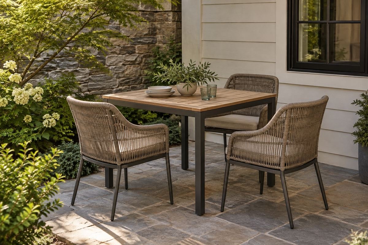 Square outdoor table defining a compact patio dining corner