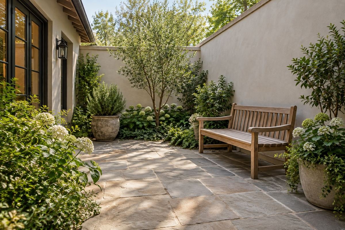 Freestanding courtyard bench defining one wall-side sitting place