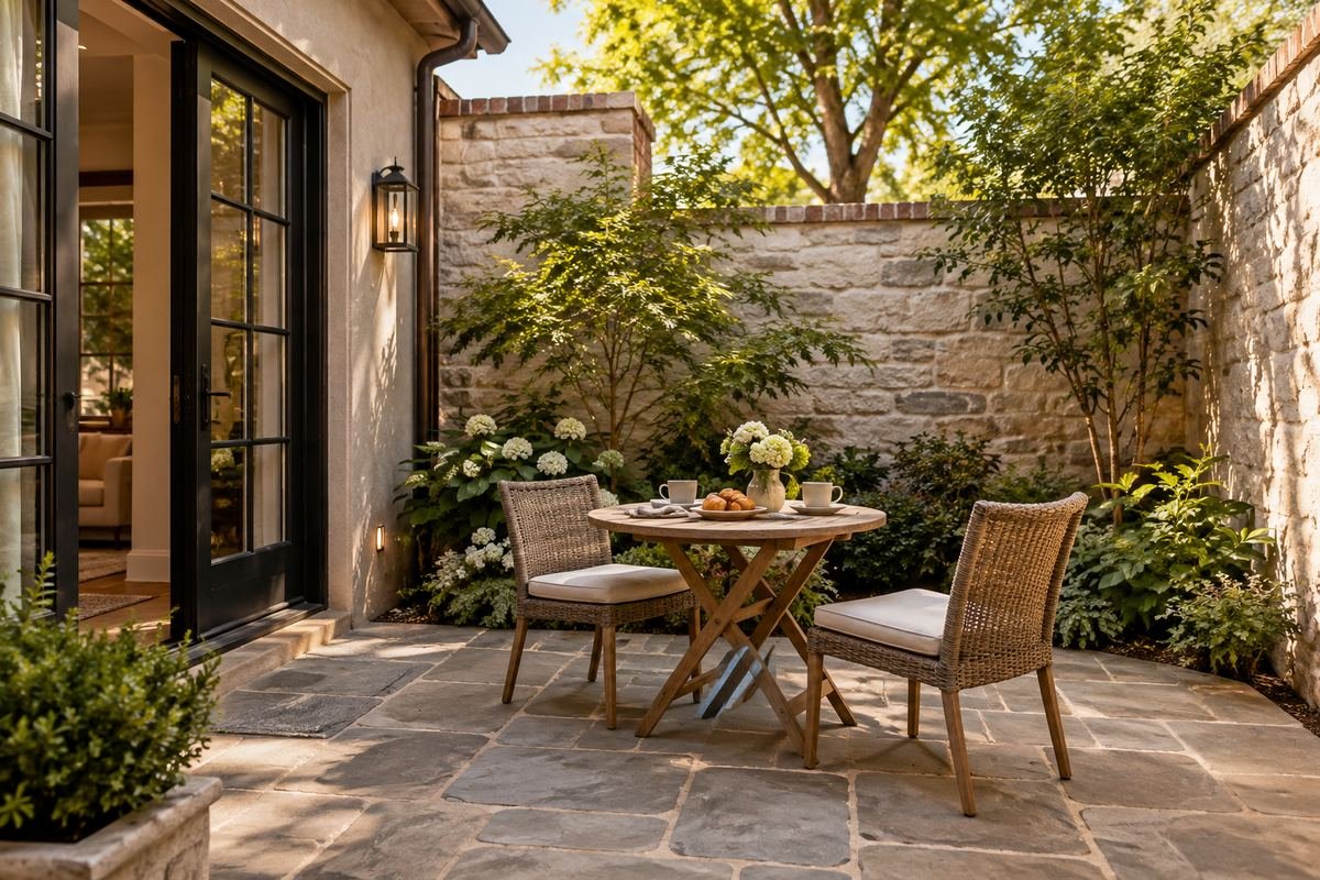Modest breakfast table within a useful enclosed courtyard