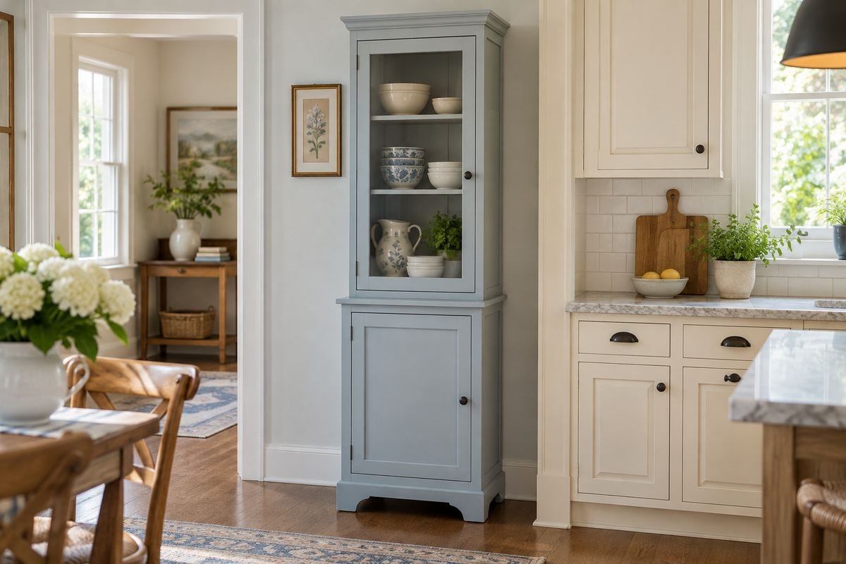 Narrow kitchen hutch placed on a short wall