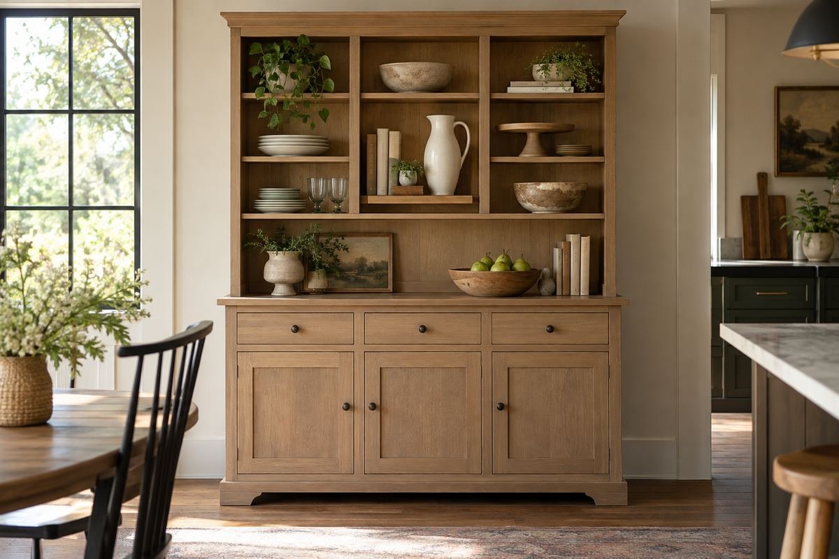 Kitchen hutch shelves arranged for different dish heights