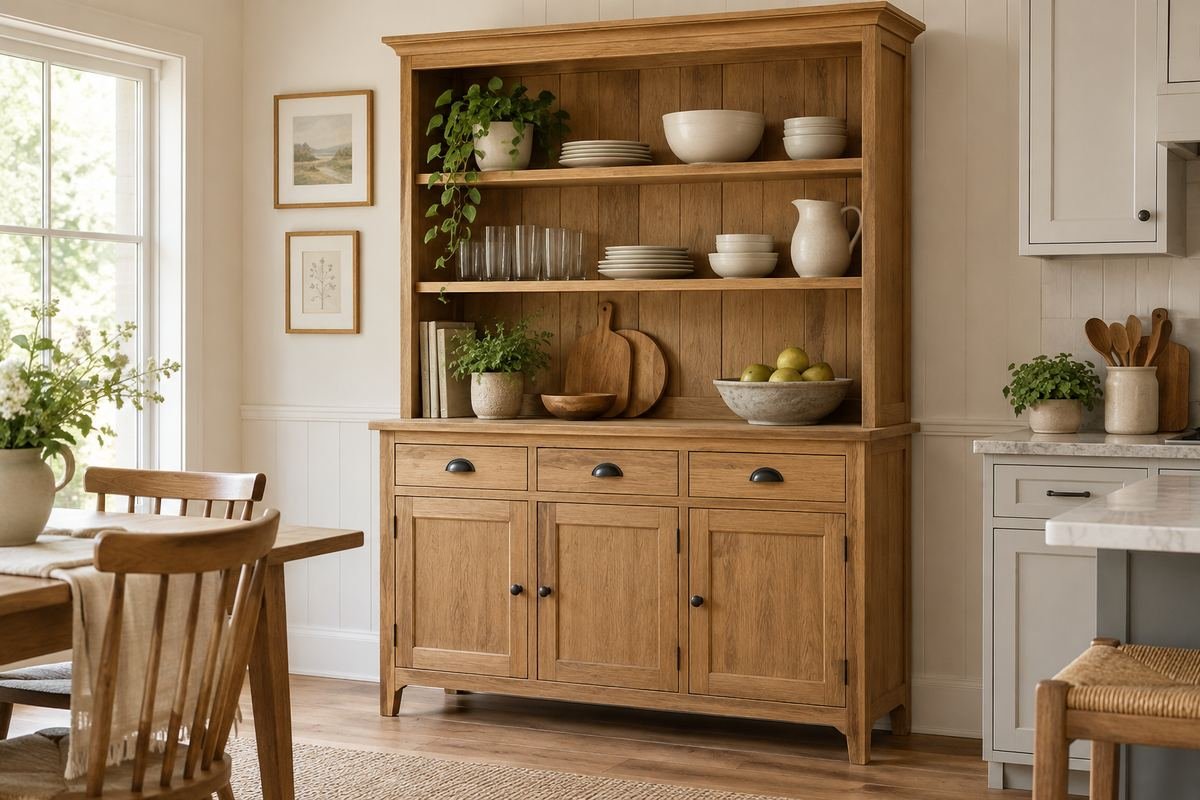 Natural wood hutch adding warmth to painted kitchen cabinets