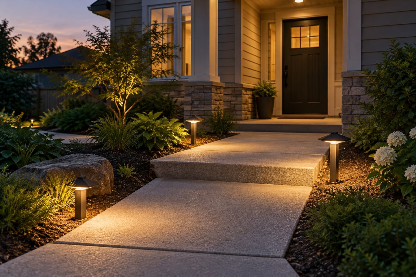 Entrance path with visible low lights illuminating the walking surface at dusk