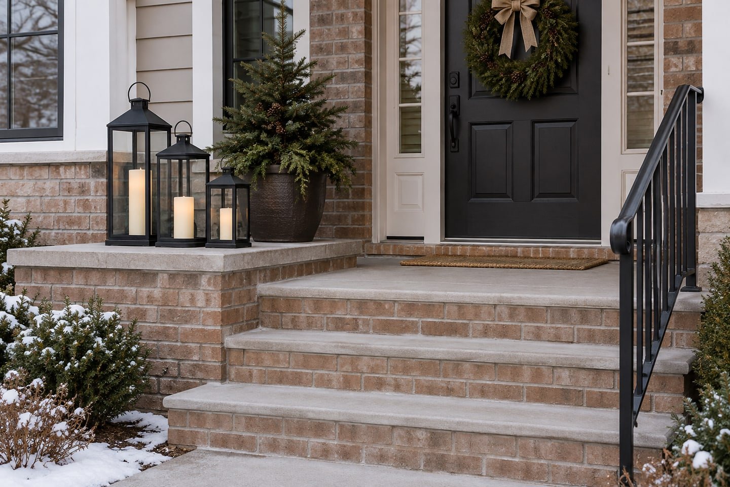 Flameless black lanterns on a separate porch landing beside clear brick steps