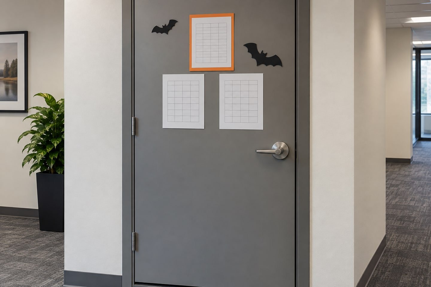 Office door with blank grid-paper panels, orange trim and paper bats