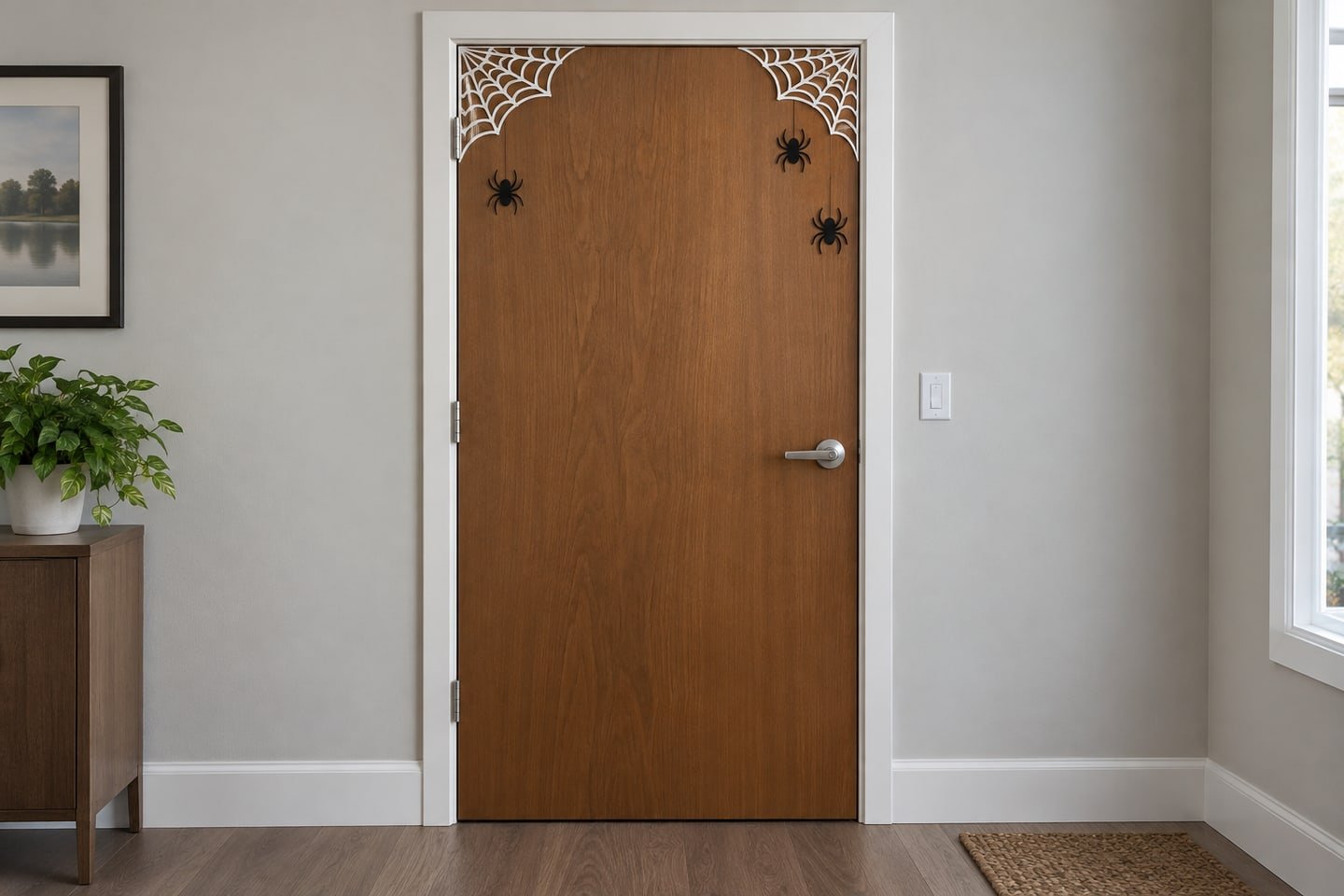 Small paper spiderweb cutouts on an office door with clear hardware and passage