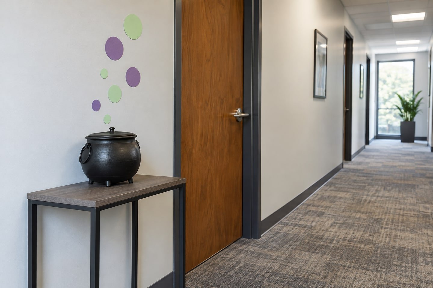 Small cauldron-inspired paper display beside a clear office doorway