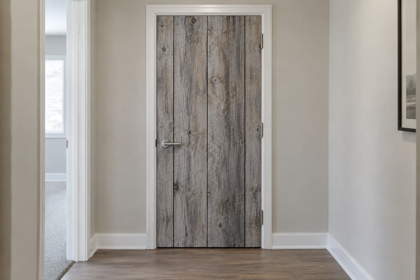 Flat weathered-plank paper graphic on a usable office door