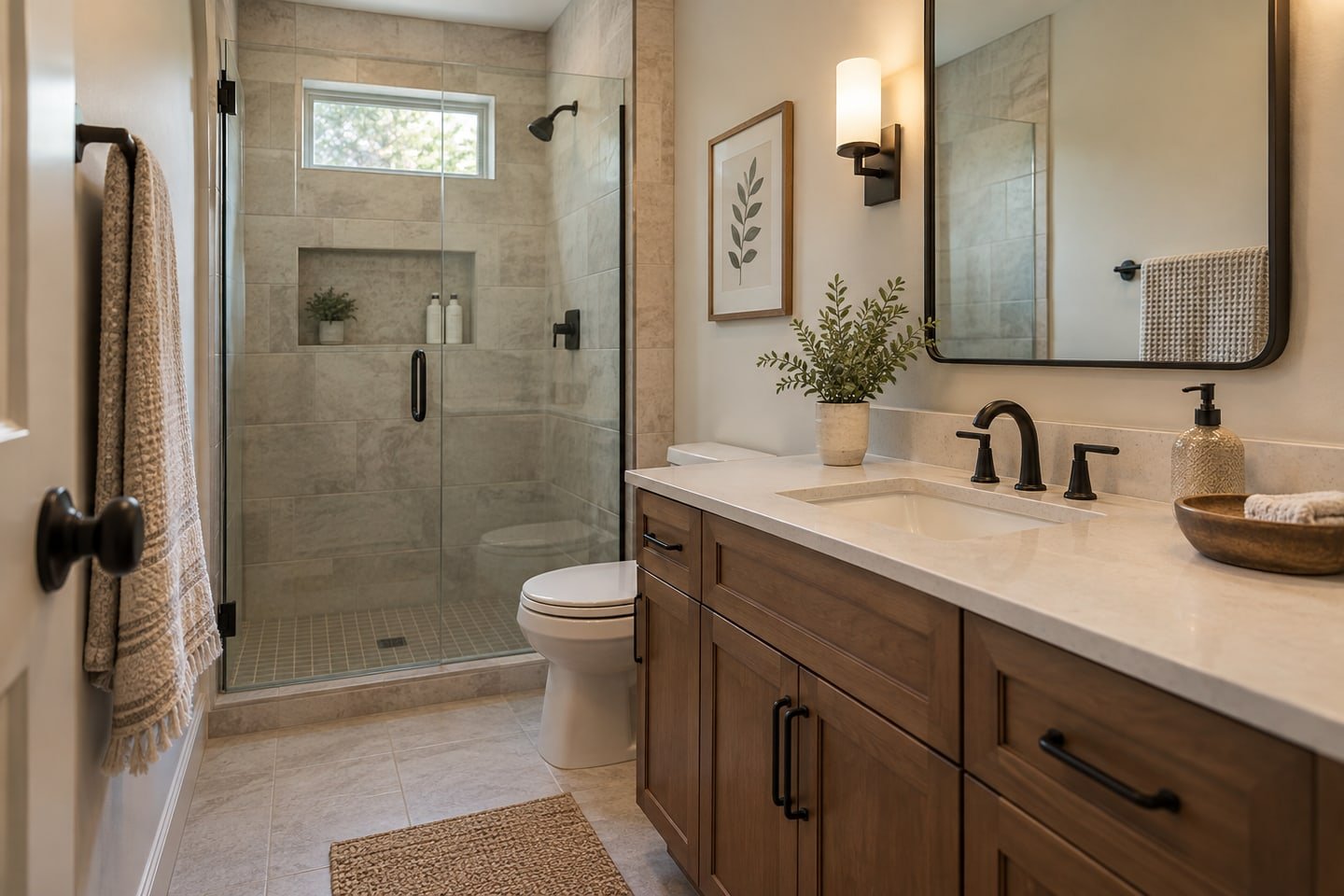 Compact bathroom with a tiled enclosed shower at one end.