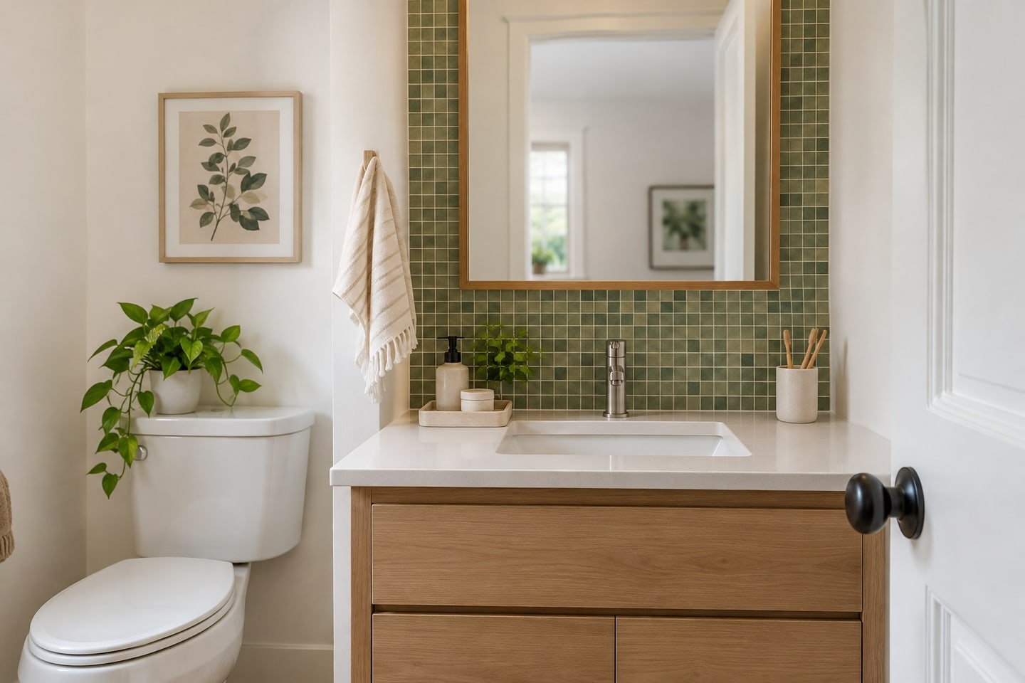 Small bathroom with a narrow controlled zone of muted green mosaic tile at the vanity backsplash.