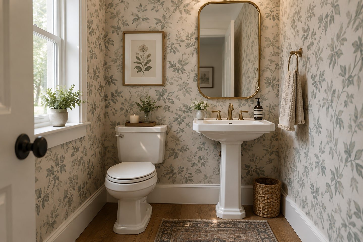 Small powder room with a muted botanical wallpaper around dry walls.