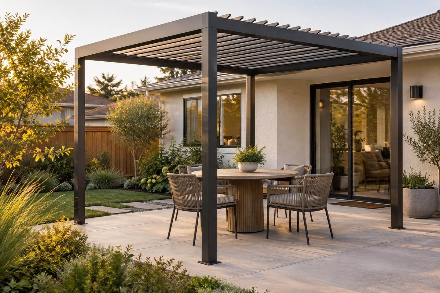 Small charcoal metal pergola over a residential dining patio