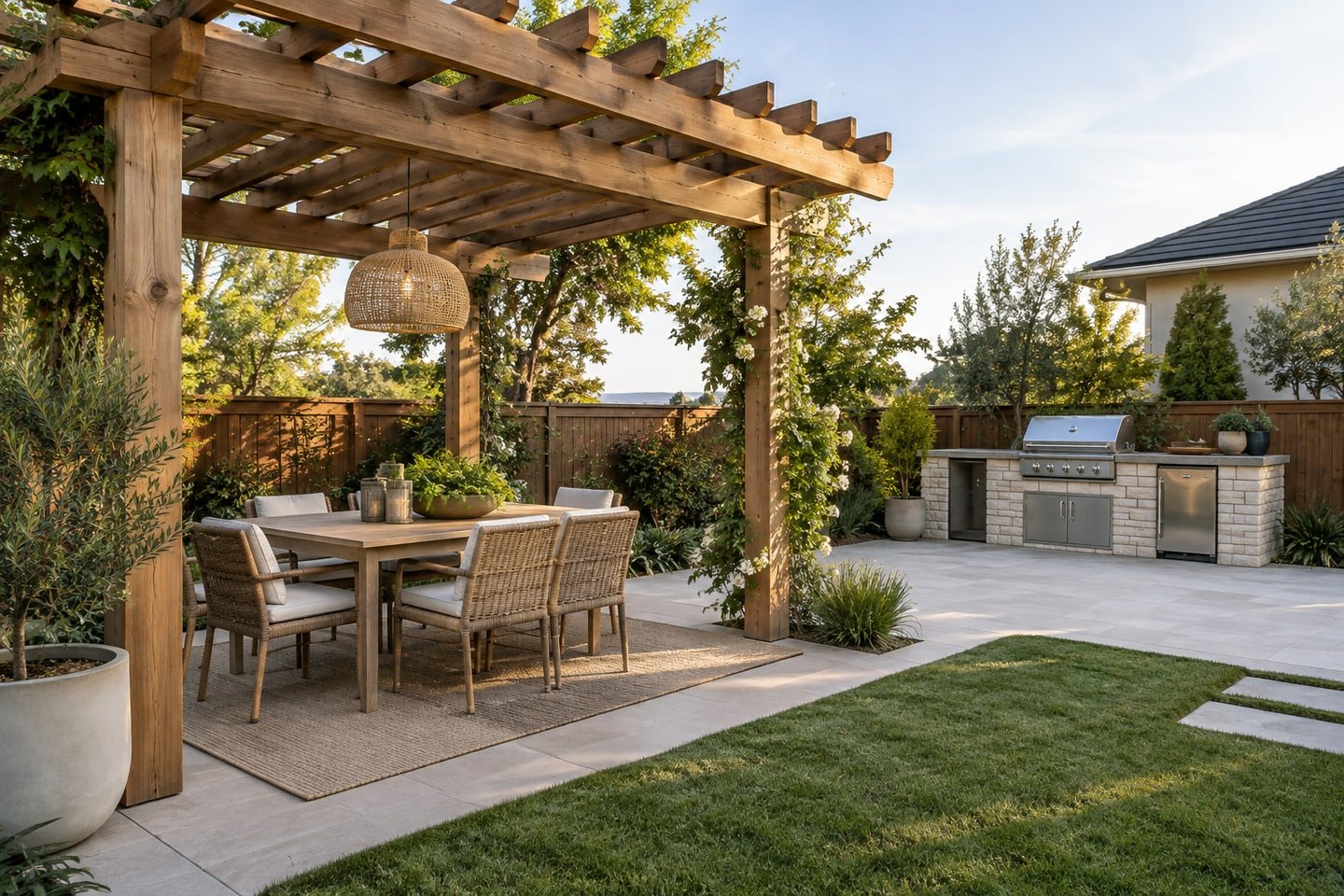 Dining pergola beside a separate uncovered outdoor kitchen area