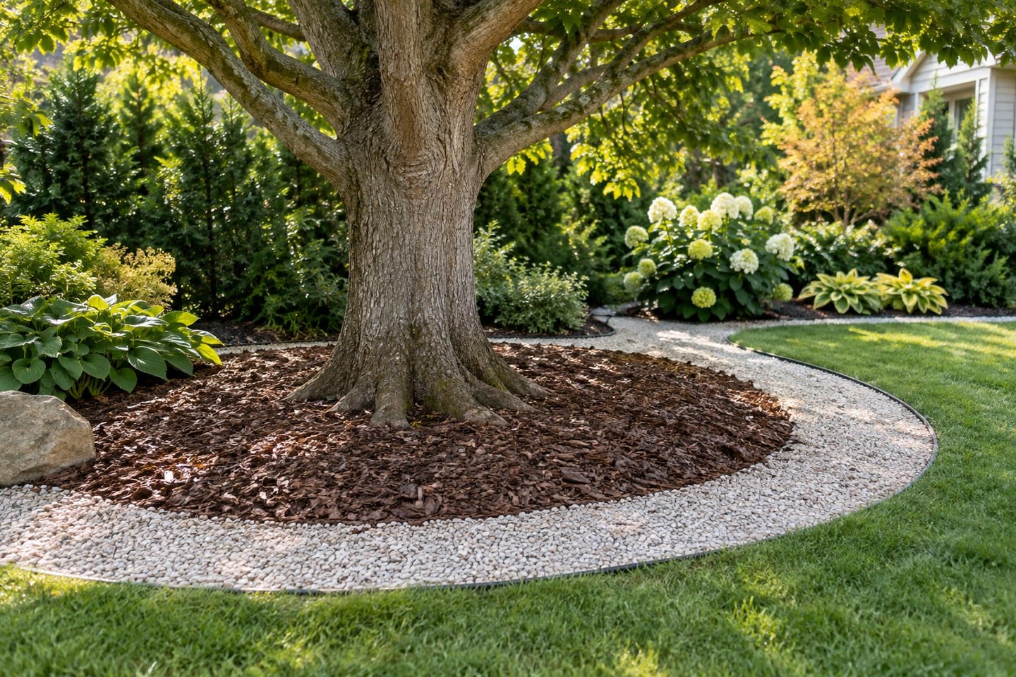 Tree with exposed root flare and mulch separated from a white gravel border