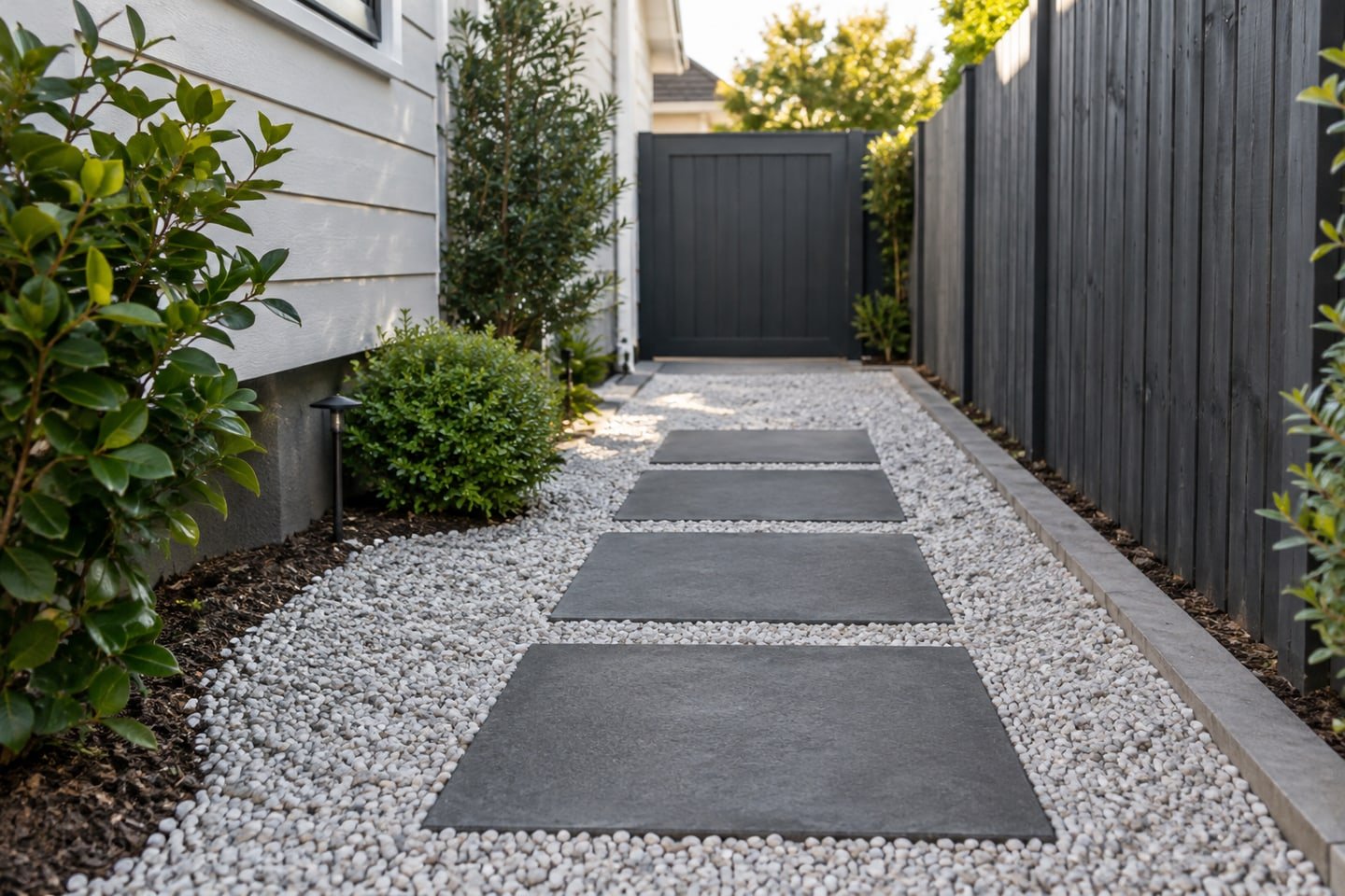 Straight charcoal paver path through a white gravel border